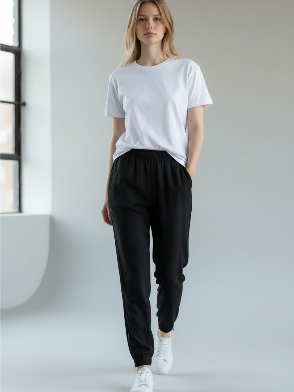 Zara  Women Black Elastic-Waist Track Joggers made in Spain